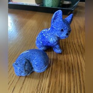 2 Blue Speckled Cat Figurines